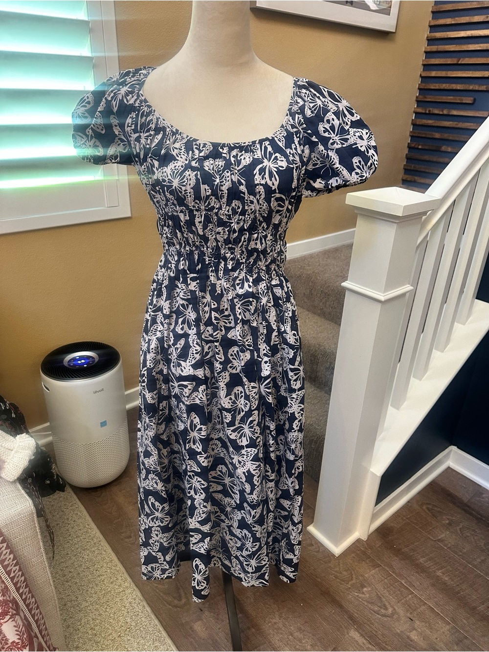 kate spade Navy and White Floral Puff-Sleeve Midi Dress
